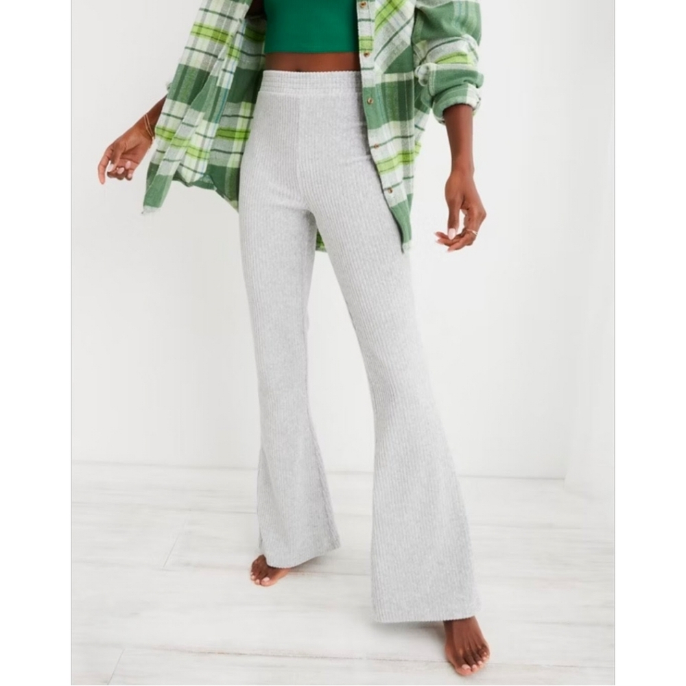 Aerie Groove On Gray Ribbed High Waisted Flare Pull On Lounge Pants Size XS